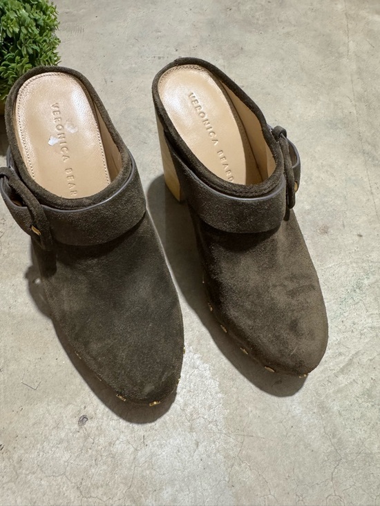 Veronica Beard Dacey Olive Green Mules Clogs Size 6.5 Leather Suede Heels Fall - Picture 2 of 7